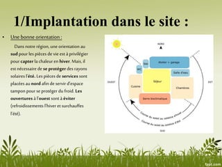 • Une bonne orientation:
Dans notre région, une orientation au
sudpour les pièces de vie est à privilégier
pour capter la chaleuren hiver. Mais,il
est nécessaire de se protéger des rayons
solaires l’été. Les pièces de servicessont
placées au nordafinde servir d’espace
tampon pour se protéger du froid. Les
ouverturesà l’ouestsont à éviter
(refroidissements l’hiver et surchauffes
l’été).
1/Implantation dans le site :
 
