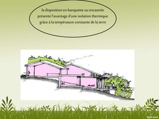 la disposition en banquetteou encastrée
présente l’avantage d’une isolation thermique
grâce à la températureconstantede la terre
 