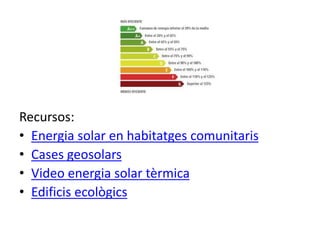 Recursos:
• Energia solar en habitatges comunitaris
• Cases geosolars
• Video energia solar tèrmica
• Edificis ecològics
 
