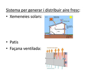 Sistema per generar i distribuir aire fresc:
• Xemeneies solars:
• Patis
• Façana ventilada:
 