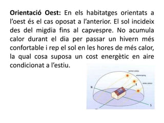 Orientació Oest: En els habitatges orientats a
l’oest és el cas oposat a l’anterior. El sol incideix
des del migdia fins al capvespre. No acumula
calor durant el dia per passar un hivern més
confortable i rep el sol en les hores de més calor,
la qual cosa suposa un cost energètic en aire
condicionat a l’estiu.
 