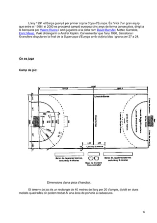 L'any 1991 el Barça guanyà per primer cop la Copa d'Europa. És l'inici d'un gran equip
que entre el 1996 i el 2000 es proclamà campió europeu cinc anys de forma consecutiva, dirigit a
la banqueta per Valero Rivera i amb jugadors a la pista com David Barrufet, Mateo Garralda,
Enric Masip, Iñaki Urdangarín o Andrei Xepkin. Cal esmentar que l'any 1996, Barcelona i
Granollers disputaren la final de la Supercopa d'Europa amb victòria blau i grana per 27 a 24.




On es juga


Camp de joc:




                      Dimensions d'una pista d'handbol.

       El terreny de joc és un rectangle de 40 metres de llarg per 20 d'ample, dividit en dues
meitats quadrades on podem trobar-hi una àrea de porteria a cadascuna.




                                                                                                 6
 
