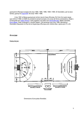 guanyarà la Recopa europea els anys 1984, 1985, 1986, 1994 i 1995. El Granollers, per la seva
banda, guanya la Copa EHF els anys 1995 i 1996.

       L'any 1991 el Barça guanyà per primer cop la Copa d'Europa. És l'inici d'un gran equip
que entre el 1996 i el 2000 es proclamà campió europeu cinc anys de forma consecutiva, dirigit a
la banqueta per Valero Rivera i amb jugadors a la pista com David Barrufet, Mateo Garralda,
Enric Masip, Iñaki Urdangarín o Andrei Xepkin. Cal esmentar que l'any 1996, Barcelona i
Granollers disputaren la final de la Supercopa d'Europa amb victòria blau i grana per 27 a 24.




On es juga


Camp de joc:




                     Dimensions d'una pista d'handbol.




                                                                                                6
 