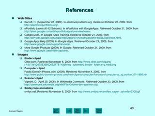 References Web Sites Barrett, H. (September 28, 2009). In  electronicporfolios.org . Retrieved October 20, 2009, from   http://electronicportfolios.org/ . ePortfolio Levels (K-12 Schools). In  ePortfolios with GoogleApps . Retrieved October 21, 2009, from  http://sites.google.com/site/eportfolioapps/overview/levels . Google Docs. In  Google Apps Training . Retrieved October 21, 2009, from  http://services.google.com/apps/resources/overviews/welcome/topicDocs/index.html . Google Apps Help (2009). In  Google Apps . Retrieved October 21, 2009, from  http://www.google.com/support/a/users/ . More Google Products (2009). In  Google . Retrieved October 21, 2009, from  http://www.google.com/intl/en/options/ . Images Binder clipart Clker.com. Retrieved November 6, 2009, from  http:// www.clker.com/cliparts / 4/5/1/d/12075839502082178140johnny_automatic_binder_folder.svg.med.png Computer clipart Public-Domain-Photos.com. (2009). Retrieved November 4, 2009, from  http://www.public-domain-photos.com/free-cliparts/computer/hardware/computer-aj_aj_ashton_01-1860.htm Scanner clipart Vignoni, D. (April 29, 2006). In  Wikimedia Commons . Retrieved October 30, 2009, from  http://commons.wikimedia.org/wiki/File:Gnome-dev-scanner.svg Smiley face animations smilys.net. Retrieved November 6, 2009, from  http://www.smilys.net/smilies_sagen_ja/smiley3308.gif 