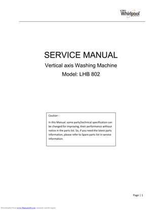 _______________________________________________________________________________________
Page | 1
SERVICE MANUAL
Vertical axis Washing Machine
Model: LHB 802
Caution :
In this Manual. some parts/technical specification can
be changed for improving, their performance without
notice in the parts list. So, if you need the latest parts
information, please refer to Spare parts list in service
information.
Downloaded from www.Manualslib.com manuals search engine
 