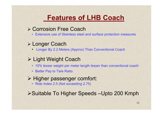 Features of LHB Coach
 Corrosion Free Coach
• Extensive use of Stainless steel and surface protection measures
 Longer Coach
• Longer By 2.2 Meters (Approx) Than Conventional Coach
 Light Weight Coach
12
 Light Weight Coach
• 10% lesser weight per meter length lesser than conventional coach
• Better Pay to Tare Ratio
 Higher passenger comfort:
• Ride Index 2.5 (Not exceeding 2.75)
Suitable To Higher Speeds –Upto 200 Kmph
 