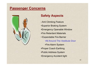 Passenger Concerns
Safety Aspects
• Anti Climbing Feature
•Superior Braking System
•Emergency Openable Window
•Fire Retardant Materials
18
•Fire Retardant Materials
• Expandable Fire Barrier
•All Around The Vestibule Door
•Fire Alarm System
•Proper Coach Earthing
•Public Address System
•Emergency Accident light
 