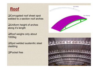 Corrugated roof sheet spot
welded to z-section roof arches
Uniform height of arches
along it’s length
Roof weighs only about
Roof
32
Roof weighs only about
1000kg
Spot welded austenitic steel
cladding
Pocket free
 