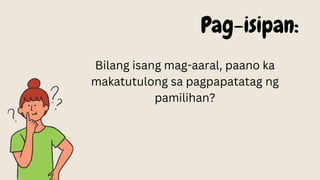 Pag-isipan:
Bilang isang mag-aaral, paano ka
makatutulong sa pagpapatatag ng
pamilihan?
 