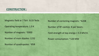 CONSTRUCTION :
Magnetic field at 7 TeV: 8.33 Tesla
Operating temperature: 1.9 K
Number of magnets: ~9300
Number of main dipoles: 1232
Number of quadrupoles: ~858
Number of correcting magnets: ~6208
Number of RF cavities: 8 per beam;
Field strength at top energy ≈ 5.5 MV/m
Power consumption: ~120 MW
 