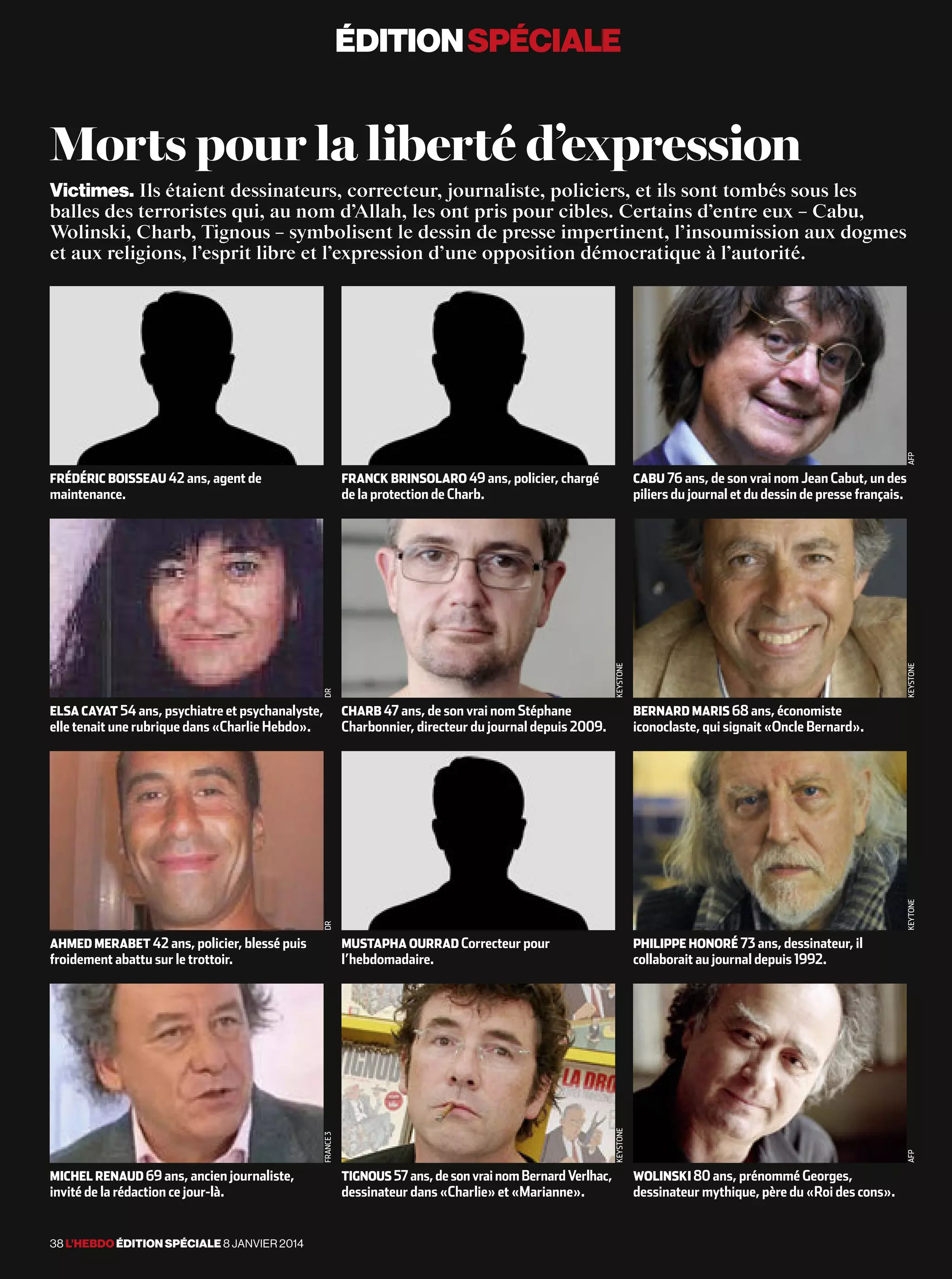 ÉDITIONSPÉCIALE
MICHEL RENAUD 69 ans, ancien journaliste,
invité de la rédaction ce jour-là.
AHMED MERABET 42 ans, policier, blessé puis
froidement abattu sur le trottoir.
CHARB 47 ans, de son vrai nom Stéphane
Charbonnier, directeur du journal depuis 2009.
FRÉDÉRIC BOISSEAU 42 ans, agent de
maintenance.
TIGNOUS 57ans,desonvrainomBernardVerlhac,
dessinateur dans «Charlie» et «Marianne».
MUSTAPHA OURRAD Correcteur pour
l’hebdomadaire.
ELSA CAYAT 54 ans, psychiatre et psychanalyste,
elle tenait une rubrique dans «Charlie Hebdo».
FRANCK BRINSOLARO 49 ans, policier, chargé
de la protection de Charb.
WOLINSKI 80 ans, prénommé Georges,
dessinateur mythique, père du «Roi des cons».
PHILIPPE HONORÉ 73 ans, dessinateur, il
collaborait au journal depuis 1992.
BERNARD MARIS 68 ans, économiste
iconoclaste, qui signait «Oncle Bernard».
CABU 76 ans, de son vrai nom Jean Cabut, un des
piliers du journal et du dessin de presse français.
Morts pour la liberté d’expression
Victimes. Ils étaient dessinateurs, correcteur, journaliste, policiers, et ils sont tombés sous les
balles des terroristes qui, au nom d’Allah, les ont pris pour cibles. Certains d’entre eux – Cabu,
Wolinski, Charb, Tignous – symbolisent le dessin de presse impertinent, l’insoumission aux dogmes
et aux religions, l’esprit libre et l’expression d’une opposition démocratique à l’autorité.
DRDRFRANCE3
KEYSTONEKEYSTONE
AFPKEYSTONEKEYTONEAFP
38 L’HEBDO ÉDITION SPÉCIALE 8 JANVIER 2014
 