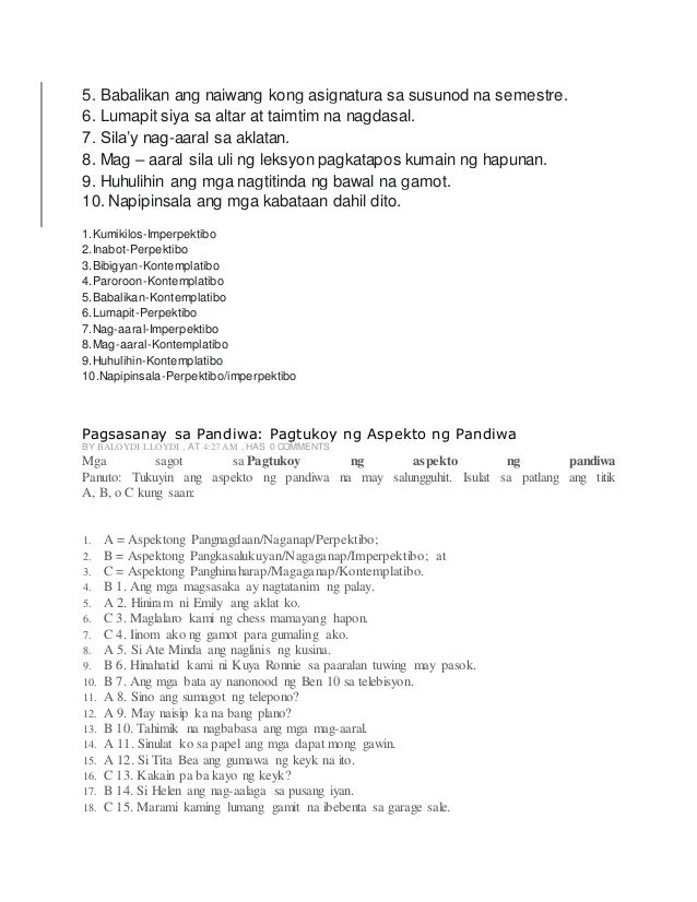 Aspekto Ng Pandiwa Quiz Grade 4