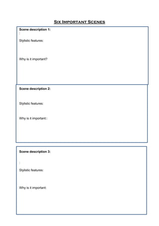 Six Important Scenes
Scene description 1:
:
Stylistic features:
Why is it important?
Scene description 2:
Stylistic features:
Why is it important::
Scene description 3:
:
Stylistic features:
Why is it important:
 