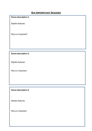 Six Important Scenes
Scene description 4:
Stylistic features:
Why is it important?
Scene description 5:
Stylistic features:
Why is it important::
Scene description 6:
:
Stylistic features:
Why is it important:
 