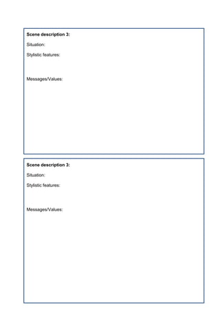 Scene description 3:
Situation:
Stylistic features:
Messages/Values:
Scene description 3:
Situation:
Stylistic features:
Messages/Values:
 