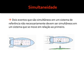 Simultaneidade    Dois eventos que são simultâneos em um sistema de referência não necessariamente devem ser simultâneos em um sistema que se move em relação ao primeiro. 