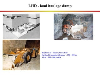 LHD - load haulage damp Bucket size : from 0,5 to 8,4 m 3 Optimal tramming distance  : 150 - 400 m Yield : 300 - 800 t/shift 