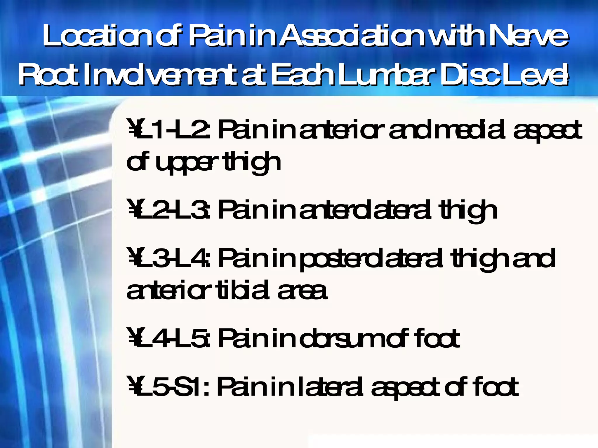 Location of Pain in Association with Nerve Root Involvement at Each Lumbar Disc Level   L1-L2: Pain in anterior and medial aspect of upper thigh L2-L3: Pain in anterolateral thigh L3-L4: Pain in posterolateral thigh and anterior tibial area L4-L5: Pain in dorsum of foot  L5-S1: Pain in lateral aspect of foot 