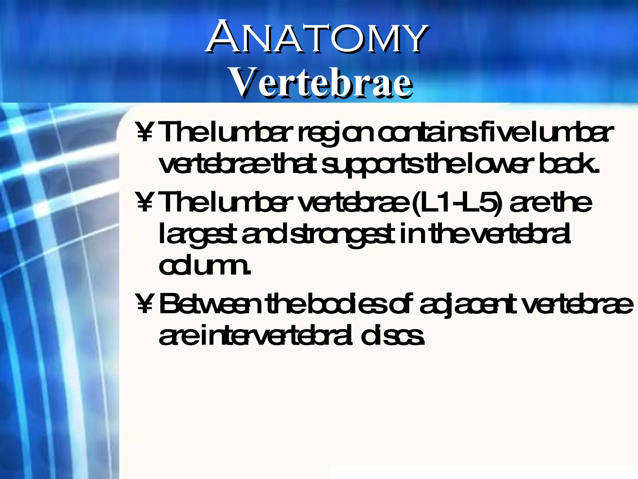 The lumbar region contains five lumbar vertebrae that supports the lower back. The lumber vertebrae (L1-L5) are the largest and strongest in the vertebral column. Between the bodies of adjacent vertebrae are intervertebral discs. Vertebrae Anatomy 