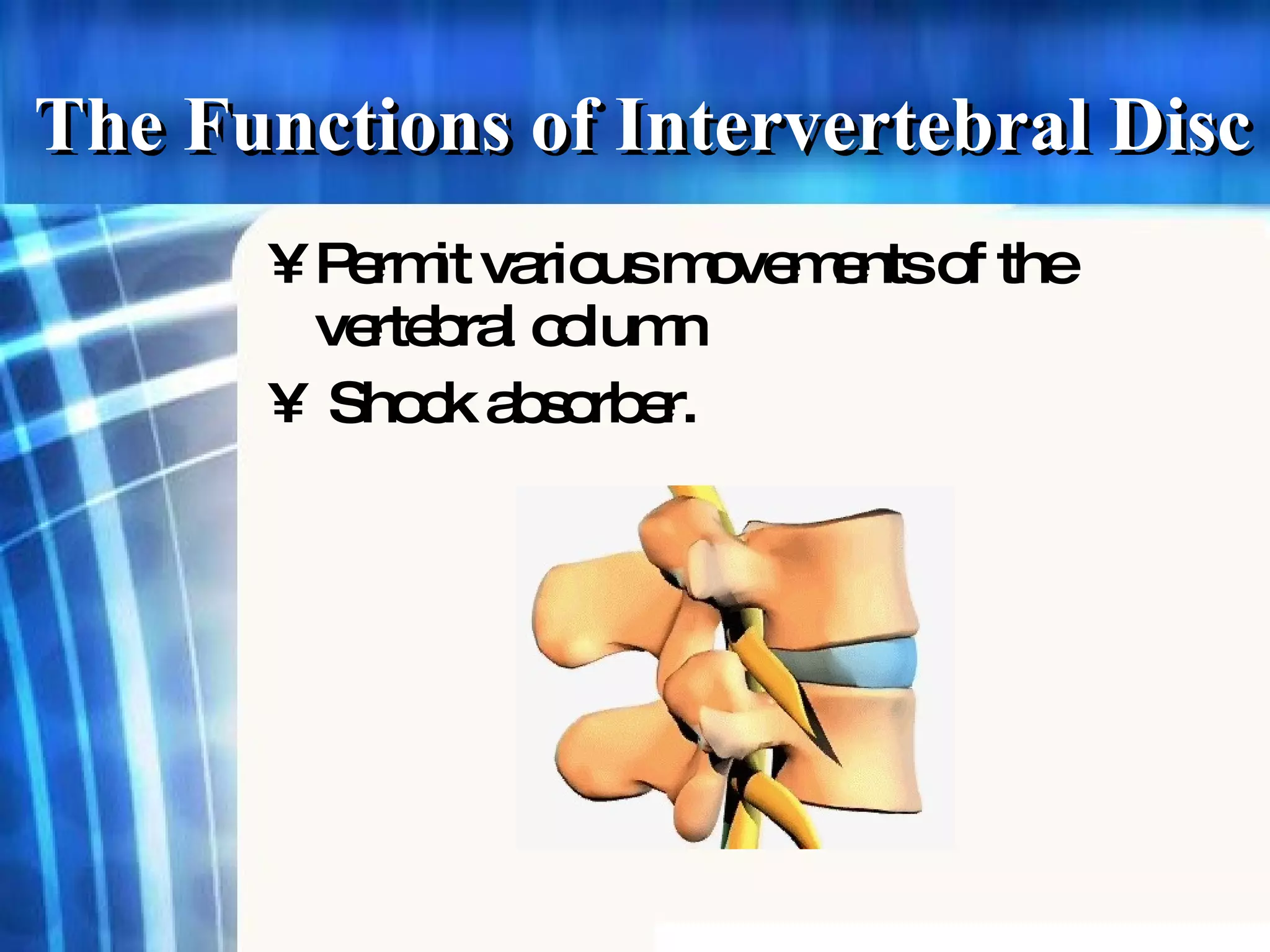 The Functions of Intervertebral Disc Permit various movements of the vertebral column Shock absorber. 