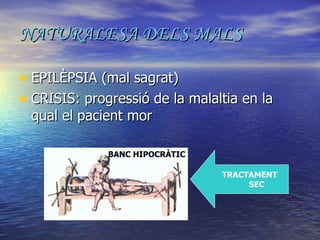 NATURALESA DELS MALS EPILÈPSIA (mal sagrat) CRISIS: progressió de la malaltia en la qual el pacient mor TRACTAMENT  SEC BANC HIPOCRÀTIC 