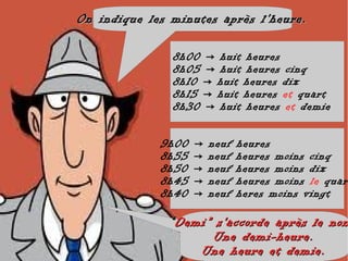 On indique les minutes après l'heure.

               8h00 → huit heures
               8h05 → huit heures cinq
               8h10 → huit heures dix
               8h15 → huit heures et quart
               8h30 → huit heures et demie


             9h00   →   neuf   heures
             8h55   →   neuf   heures moins cinq
             8h50   →   neuf   heures moins dix
             8h45   →   neuf   heures moins le quar
             8h40   →   neuf   heres moins vingt

              “ Demi” s'accorde après le nom
                     Une demi-heure.
                   Une heure et demie.
 