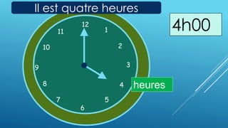 1
2
3
4
567
8
9
10
11
1212
1
5
4
9 3
6
10
11
2
7
8 heures
Il est quatre heures
4h00
 