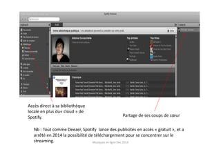 Accès direct à sa bibliothèque
locale en plus du« cloud » de
Spotify. Partage de ses coups de cœur
Nb : Tout comme Deezer, Spotify lance des publicités en accès « gratuit », et a
arrêté en 2014 la possibilité de téléchargement pour se concentrer sur le
streaming. Musiques en ligne Dec 2014
 