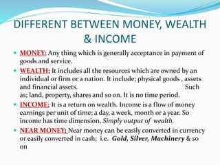 DIFFERENT BETWEEN MONEY, WEALTH
& INCOME
 MONEY: Any thing which is generally acceptance in payment of
goods and service.
 WEALTH: It includes all the resources which are owned by an
individual or firm or a nation. It include; physical goods , assets
and financial assets. Such
as; land, property, shares and so on. It is no time period.
 INCOME: It is a return on wealth. Income is a flow of money
earnings per unit of time; a day, a week, month or a year. So
income has time dimension, Simply output of wealth.
 NEAR MONEY: Near money can be easily converted in currency
or easily converted in cash; i.e. Gold, Silver, Machinery & so
on
 