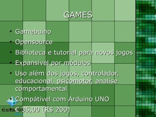 GAMESGAMES
●
GamebuinoGamebuino
●
OpensourceOpensource
●
Biblioteca e tutorial para novos jogosBiblioteca e tutorial para novos jogos
●
Expansível por módulosExpansível por módulos
●
Uso além dos jogos, controlador,Uso além dos jogos, controlador,
educacional, psicomotor, analiseeducacional, psicomotor, analise
comportamentalcomportamental
●
Compátivel com Arduino UNOCompátivel com Arduino UNO
●
€€ 35,00 (R$ 200)35,00 (R$ 200)
 