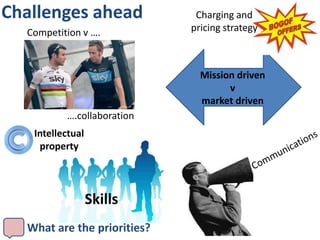 Challenges ahead              Charging and
  Competition v ….           pricing strategy



                               Mission driven
                                     v
                               market driven
          ….collaboration
   Intellectual
    property




                  Skills
  What are the priorities?
 