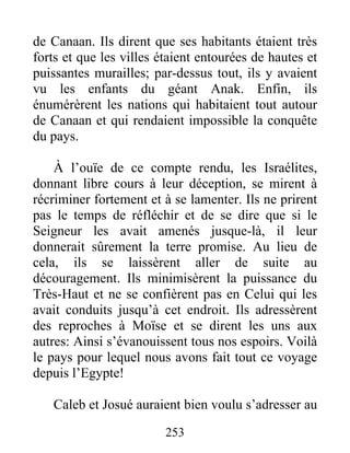 de Canaan. Ils dirent que ses habitants étaient très
forts et que les villes étaient entourées de hautes et
puissantes murailles; par-dessus tout, ils y avaient
vu les enfants du géant Anak. Enfin, ils
énumérèrent les nations qui habitaient tout autour
de Canaan et qui rendaient impossible la conquête
du pays.
À l’ouïe de ce compte rendu, les Israélites,
donnant libre cours à leur déception, se mirent à
récriminer fortement et à se lamenter. Ils ne prirent
pas le temps de réfléchir et de se dire que si le
Seigneur les avait amenés jusque-là, il leur
donnerait sûrement la terre promise. Au lieu de
cela, ils se laissèrent aller de suite au
découragement. Ils minimisèrent la puissance du
Très-Haut et ne se confièrent pas en Celui qui les
avait conduits jusqu’à cet endroit. Ils adressèrent
des reproches à Moïse et se dirent les uns aux
autres: Ainsi s’évanouissent tous nos espoirs. Voilà
le pays pour lequel nous avons fait tout ce voyage
depuis l’Egypte!
Caleb et Josué auraient bien voulu s’adresser au
253
 
