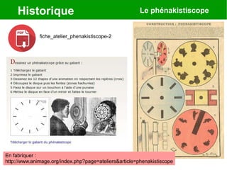 Historique Le phénakistiscope
En fabriquer :
http://www.animage.org/index.php?page=ateliers&article=phenakistiscope
fiche_atelier_phenakistiscope-2
 