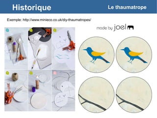 Historique Le thaumatrope
Exemple: http://www.minieco.co.uk/diy-thaumatropes/
 