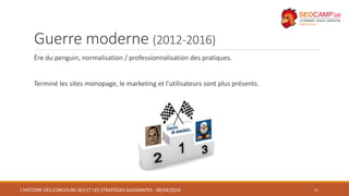 Guerre moderne (2012-2016)
Ère du penguin, normalisation / professionnalisation des pratiques.
Terminé les sites monopage,...