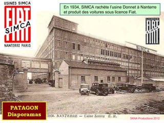 En 1934, SIMCA rachète l’usine Donnet à Nanterre
et produit des voitures sous licence Fiat.




                                  5KNA Productions 2012
 