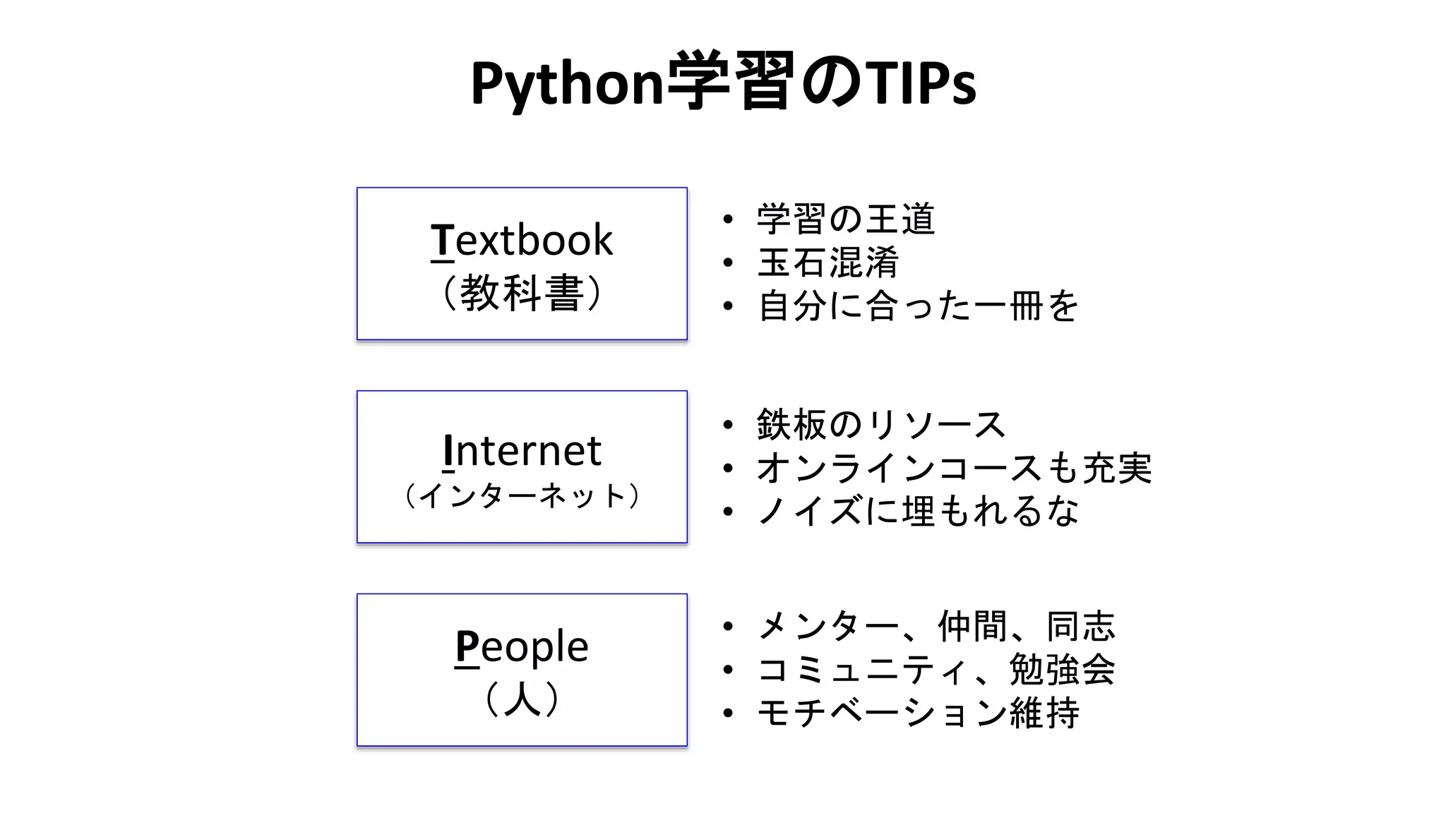 Python学習のTIPs
Textbook
（教科書）
Internet
（インターネット）
People
（人）
• 学習の王道
• 玉石混淆
• 自分に合った一冊を
• 鉄板のリソース
• オンラインコースも充実
• ノイズに埋もれるな
• メンター、仲間、同志
• コミュニティ、勉強会
• モチベーション維持
 
