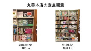 丸善本店の定点観測
2016年12月
4段＋α
2019年8月
10段＋α
1
2
3
4
5
6
7
8
9
10
+α
1
2
3
4
 