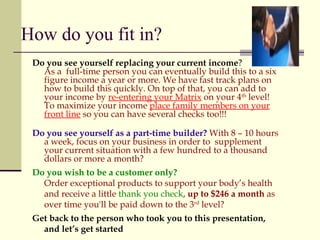 How do you fit in? Do you see yourself replacing your current income ? As a  full-time person you can eventually build this to a six figure income a year or more. We have fast track plans on how to build this quickly. On top of that, you can add to your income by  re-entering your Matrix  on your 4 th  level! To maximize your income  place family members on your front line  so you can have several checks too!!! Do you see yourself as a part-time builder?  With 8 – 10 hours a week, focus on your business in order to  supplement your current situation with a few hundred to a thousand dollars or more a month? Do you wish to be a customer only?  Order exceptional products to support your body’s health and receive a little  thank you check ,  up to $246 a month  as over time you'll be paid down to the 3 rd  level? Get back to the person who took you to this presentation, and let’s get started   