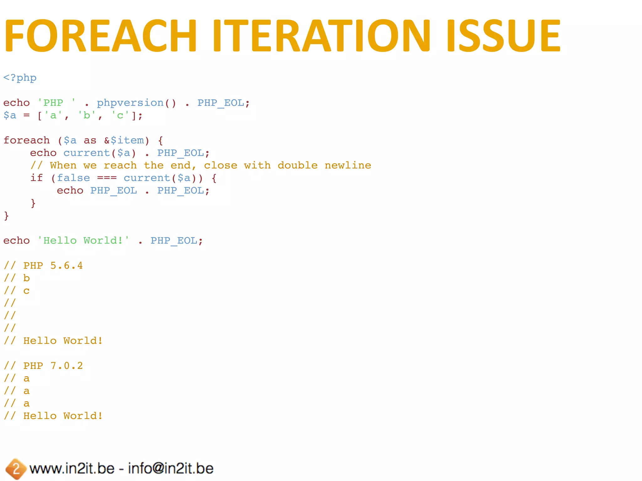 INVALID	OCTALS
<?php
echo 'PHP ' . phpversion() . PHP_EOL;
$a = 0128; // faulty octal
var_dump($a);
// PHP 5.6.4
// int(10) -> PHP converted it to 012
// PHP 7.0.2
// 
// Parse error: Invalid numeric literal in 
//     php7-workshop/Octals/Octals.php on line 4
 