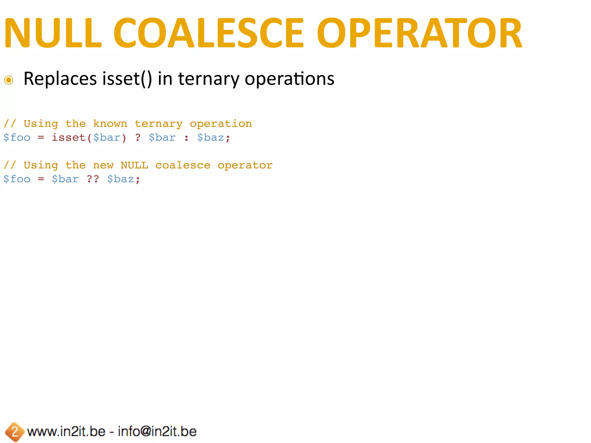 SYMMETRIC	ARRAY	DESTRUCTURING
<?php
$talks = [
    [1, 'Getting hands dirty with PHP7'],
    [2, 'Decouple your framework'],
    [3, 'PHPunit speedup with Docker'],
    [4, 'Open source your business for success'],
];
// short-hand list notation
[$id, $title] = $talks[0];
echo sprintf('%s (%d)', $title, $id) . PHP_EOL;
echo PHP_EOL;
// shorthand foreach list notation
foreach ($talks as [$id, $title]) {
    echo sprintf('%s (%d)', $title, $id) . PHP_EOL;
}
 