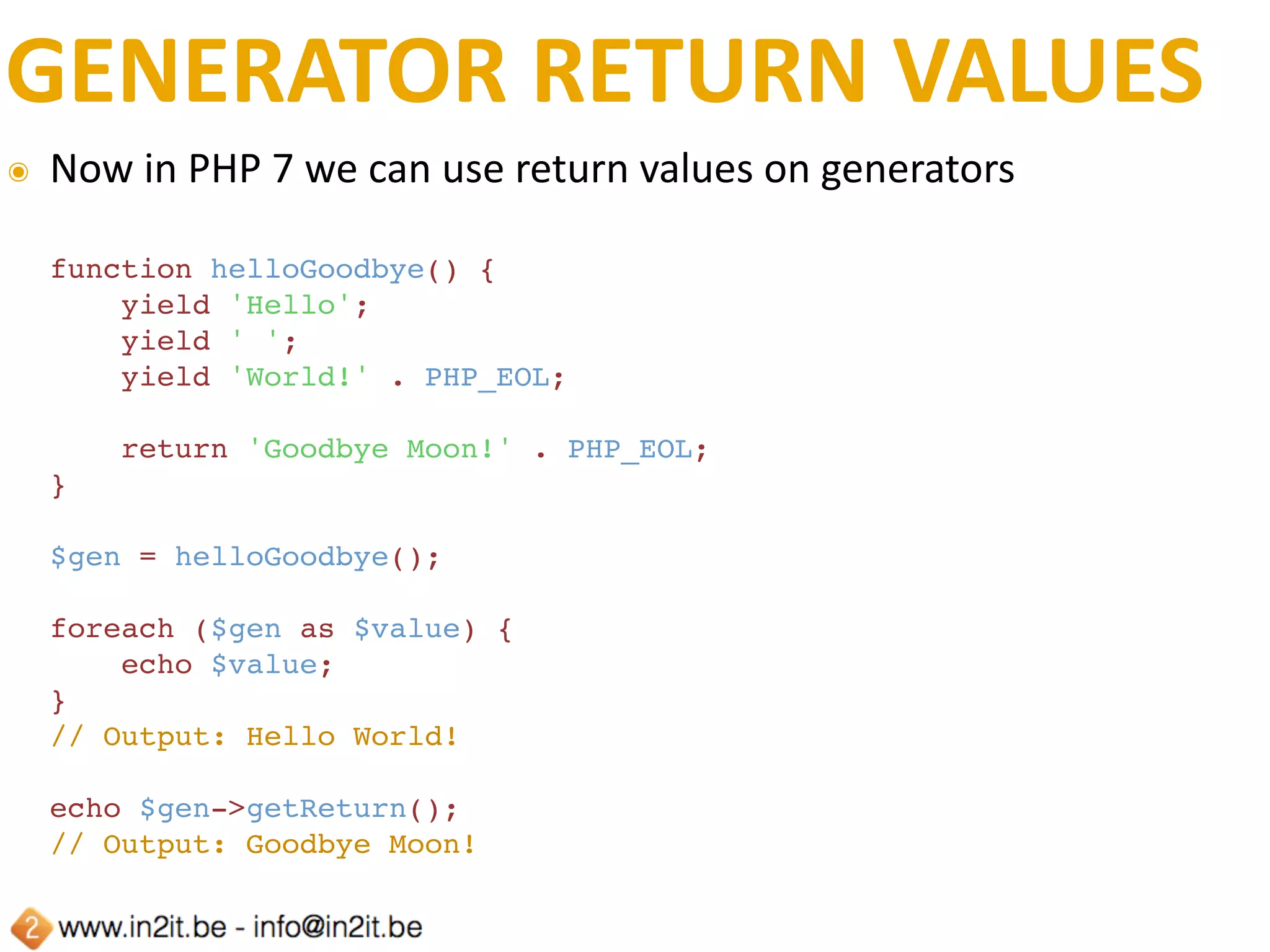 THESE	MIGHT	BREAK	STUFF	(2)
๏ Do	not	call	destructors	on	incomplete	objects	
๏ call_user_func()	handling	of	reference	arguments	
๏ The	empty	index	operator	is	not	supported	for	strings	anymore	
๏ $str[]	=	$x	throws	a	fatal	error	
๏ Removed	ini	direcFves	
๏ session.entropy_ﬁle	
๏ session.entropy_length	
๏ session.hash_funcFon	
๏ session.hash_bits_per_character
 