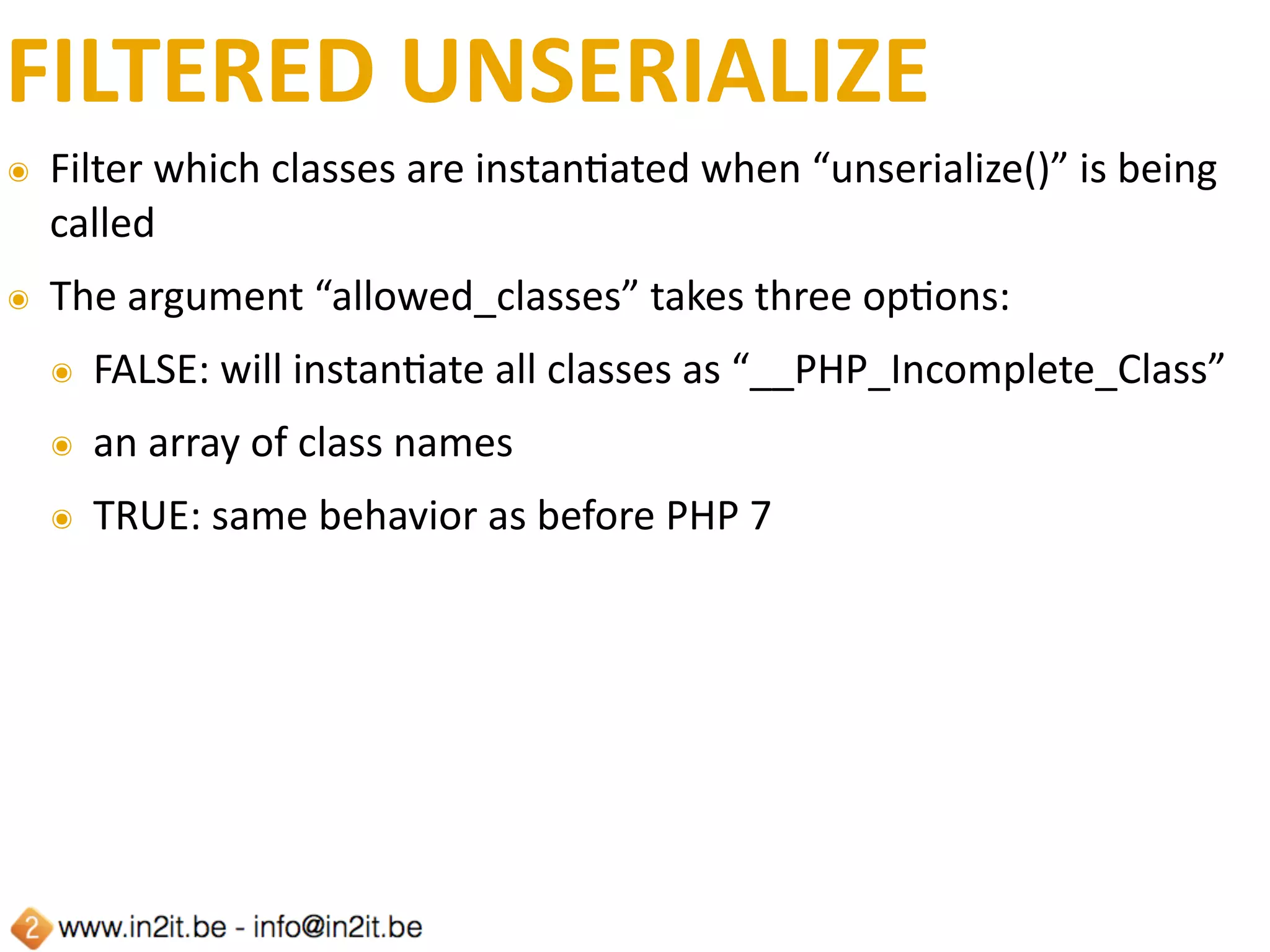 POSTGRESQL
๏ pg_last_noFce()	now	accepts	an	opFonal	parameter	to	specify	an	
operaFon.	This	can	be	done	with	one	of	the	following	new	
constants:	PGSQL_NOTICE_LAST,	PGSQL_NOTICE_ALL,	or	
PGSQL_NOTICE_CLEAR.	
๏ pg_fetch_all()	now	accepts	an	opFonal	second	parameter	to	
specify	the	result	type	(similar	to	the	third	parameter	of	
pg_fetch_array()).	
๏ pg_select()	now	accepts	an	opFonal	fourth	parameter	to	specify	
the	result	type	(similar	to	the	third	parameter	of	pg_fetch_array()).
 