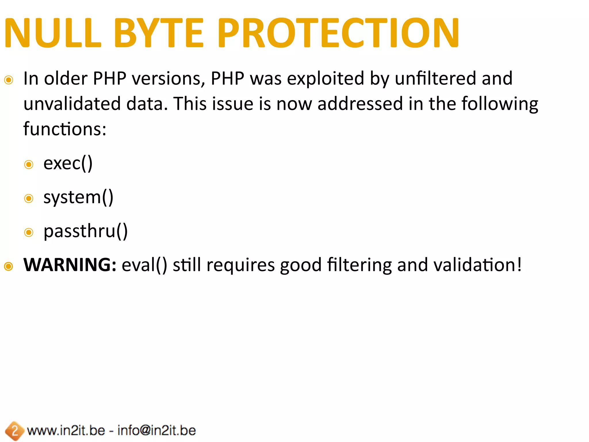 OTHER	CHANGES
๏ NoFces	and	warnings	on	arithmeFc	with	invalid	strings		
๏ New	E_WARNING	and	E_NOTICE	errors	have	been	introduced	
when	invalid	strings	are	coerced	using	operators	expecFng	
numbers	
๏ E_NOTICE	is	emiTed	when	the	string	begins	with	a	numeric	
value	but	contains	trailing	non-numeric	characters	
๏ E_WARNING	is	emiTed	when	the	string	does	not	contain	a	
numeric	value	
๏ Warn	on	octal	escape	sequence	overﬂow	
๏ Inconsistency	ﬁxes	to	$this	
๏ Session	ID	generaFon	without	hashing
 