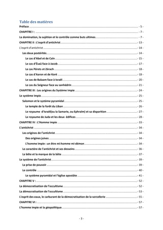 - 3 -
Table des matières
Préface.......................................................................................................................................... - 5 -
CHAPITRE I : .................................................................................................................................. - 7 -
La domination, la sujétion et le contrôle comme buts ultimes...................................................... - 7 -
CHAPITRE II : L’esprit d’antichrist.................................................................................................- 13 -
L’esprit d’antichrist.......................................................................................................................- 14 -
Les deux postérités...................................................................................................................- 14 -
Le cas d’Abel et de Caïn ........................................................................................................- 15 -
Le cas d’Ésaü face à Jacob.....................................................................................................- 17 -
Le cas Pérets et Zérach .........................................................................................................- 18 -
Le cas d'Aaron et de Koré .....................................................................................................- 18 -
Le cas de Balaam face à Israël...............................................................................................- 20 -
Le cas du Seigneur face au sanhédrin ...................................................................................- 21 -
CHAPITRE III : Les origines du Système impie...............................................................................- 24 -
Le système impie..........................................................................................................................- 25 -
Salomon et le système pyramidal.............................................................................................- 25 -
Le temple de la forêt du Liban..............................................................................................- 26 -
Le royaume d'Israël(ou la Samarie, ou Ephraïm) et sa disparition.......................................- 27 -
Le royaume de Juda et les deux édifices..............................................................................- 28 -
CHAPITRE IV : L’Homme impie .....................................................................................................- 33 -
L’antichrist ...................................................................................................................................- 34 -
Les origines de l’antichrist........................................................................................................- 34 -
Des origines juives................................................................................................................- 34 -
L'homme impie : un être mi-homme mi-démon...................................................................- 34 -
Le caractère de l'antichrist et ses desseins ...............................................................................- 36 -
La bête et la marque de la bête................................................................................................- 37 -
Le système de l’antichrist.............................................................................................................- 39 -
La prise de pouvoir...................................................................................................................- 39 -
Le contrôle ...............................................................................................................................- 40 -
Le système pyramidal et l’église apostâte............................................................................- 41 -
CHAPITRE V : ................................................................................................................................- 52 -
La démocratisation de l’occultisme..............................................................................................- 52 -
La démocratisation de l'occultisme..............................................................................................- 53 -
L'esprit des eaux, le carburant de la démocratisation de la sorcellerie ........................................- 55 -
CHAPITRE VI : ...............................................................................................................................- 57 -
L’homme impie et la géopolitique................................................................................................- 57 -
 