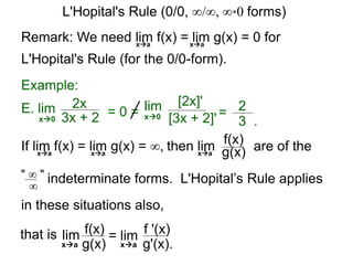 Remark: We need lim f(x) = lim g(x) = 0 for
L'Hopital's Rule (for the 0/0-form).
xa xa
E. lim 2x
3x + 2x0
Example:
= 0 = lim [2x]'
[3x + 2]'x0 = 2
3 .
are of the
" ∞ " indeterminate forms. L'Hopital’s Rule applies∞
If lim f(x) = lim g(x) = ∞, then limxa xa
f(x)
g(x)xa
in these situations also,
lim f(x)
g(x)
= lim f '(x)
g'(x).xa xa
that is
L'Hopital's Rule (0/0, ∞/∞, ∞*0 forms)
 