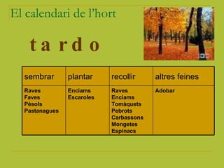 El calendari de l’hort tardor Adobar  Raves Enciams Tomàquets Pebrots Carbassons Mongetes Espinacs  Enciams Escaroles  Raves  Faves Pèsols Pastanagues  altres feines recollir plantar sembrar Adobar  Raves Enciams Tomàquets Pebrots Carbassons Mongetes Espinacs  Enciams Escaroles  Raves  Faves Pèsols Pastanagues  altres feines recollir plantar sembrar 