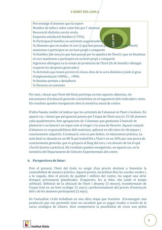 9
Abril2015
L’HORT DEL GIOLA
Percentatge d’alumnes que fa esport
Nombre de tallers sobre salut fets per l’ alumnat
Renovació distintiu escola verda
Enquesta satisfacció famílies (>75%)
% Participació famílies en activitats organitzades pel centre
% Alumnes que en acabar el curs (i que han passat per la optativa de l’hort)
mantenen o participen en un hort propi o compartit
% Famílies (de nois/es que han passat per la optativa de l’hort) i que en finalitzar
el curs mantenen o participen en un hort propi o compartit
Ingressos obtinguts en la venda de productes de l’hort (% de benefici obtingut
respecte les despeses generades)
% Activitats que tenen previst els riscos dins de la seva dinàmica (amb el grau
d’implementació=100%) ... >90%
% Residus portats a deixalleria
% Descens en consums
Per tant, i donat que l’hort del Giola participa en tots aquests objectius, els
mecanismes d’avaluació generals consistirien en el seguiment dels indicadors citats.
Els resultats queden enregistrats dins la memòria anual de centre.
D’altre banda, també cal indicar que les activitats de l’alumnat en l’hort s’avaluen. En
aquest cas, i donat que pel general passen per l’espai de l’hort uns/es 15-20 alumnes
cada quadrimestre, fem agrupacions de 3 alumnes que gestionen 2 bancals de
plantació o un bancal i un espai com el verger o la zona de llavorer. Aquest conjunt
d’alumnes es responsabilitzen dels mateixos, aplicant en ells totes les tècniques i
coneixements adquirits. L’avaluació, com es pot deduir, és bàsicament pràctica. La
nota final ve donada en un 80 % pel treball fet a l’hort i en un 20% per una prova de
coneixements generals, que es prepara al llarg del curs, i un dossier de tot el què
s’ha fet (teoria i pràctica). Els resultats queden enregistrats, en aquest cas, en la
memòria del Departament de Ciències Experimentals del centre.
6. Perspectives de futur:
Fins el present, l’hort del Giola va sorgir d’un procés destinat a fomentar la
sostenibilitat de manera pràctica. Aquest procés, incardinat dins les escoles verdes i,
a la vegada, dins el procés de qualitat i millora del centre, ha seguit una sèrie
d’etapes prèviament planificades. D’aquestes, les ja fetes són (amb el temps
utilitzat): definició de la ubicació de l’hort i disseny (3 mesos), transformació de
l’espai triat en un hort ecològic (3 anys) i perfeccionament del procés d’instrucció
dels i de les alumnes participants (2 anys).
En l’actualitat s’està treballant en una altra etapa que tractaria d’aconseguir una
producció que ens permetés tenir un excedent que es pugui vendre a través de la
xarxa ecològica de Llinars. Això comportaria la possibilitat de crear una petita
Institut Giola
 