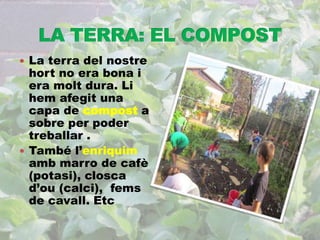  La terra del nostre 
hort no era bona i 
era molt dura. Li 
hem afegit una 
capa de compost a 
sobre per poder 
treballar . 
 També l’enriquim 
amb marro de cafè 
(potasi), closca 
d’ou (calci), fems 
de cavall. Etc 
 