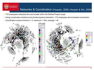 Networks & Coordination (Hossain, 2008; Hossain & Wu, 2009)
› 712 employees extracted who sent emails within the Dahbol Project scope
› Using coordination sentence and phrase keyword extraction, 173 employees demonstrated coordination
› Coordination scores minimum = 3, maximum = 244, average = 44
19
 